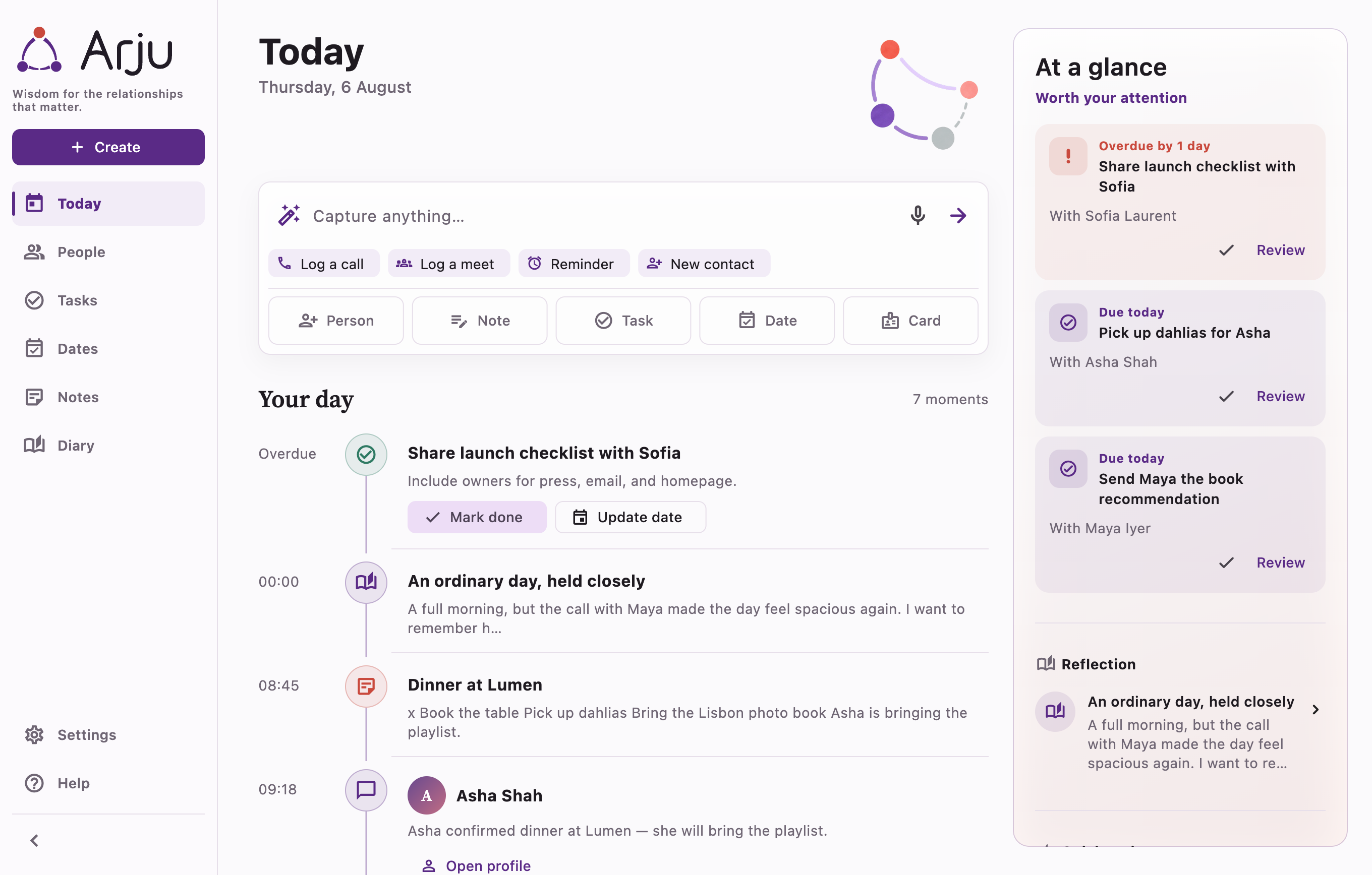 Arju Today on Mac showing people, plans, and upcoming moments